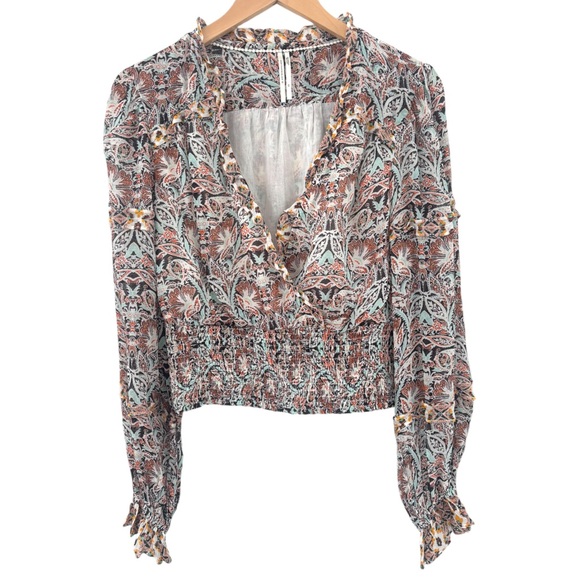 ANTHROPOLOGIE Faux Wrap Deep-V Neck Paisley Ruffle Blouse, size extra small - Picture 7 of 11